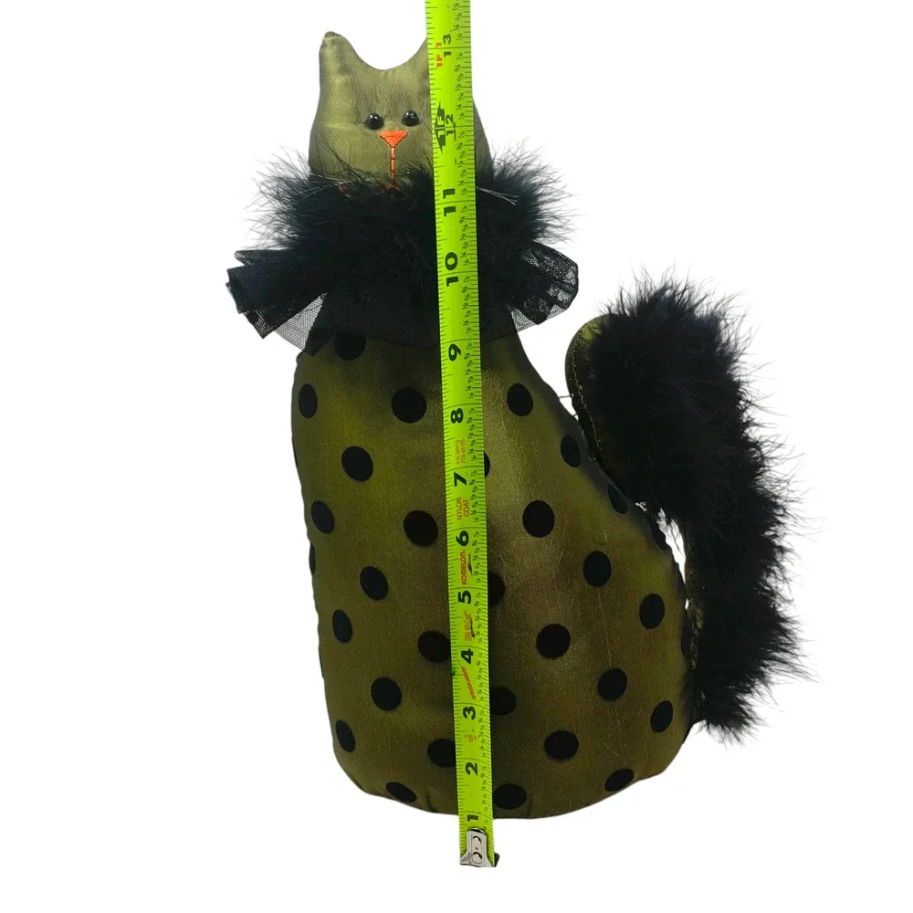 Halloween Cat Doorstop Weighted Plush Black Feather Decor Olive Green Polka Dot